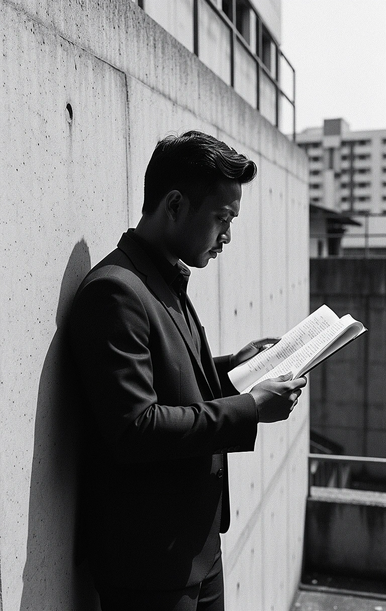 Urban editorial portrait against Jakarta concrete architecture
